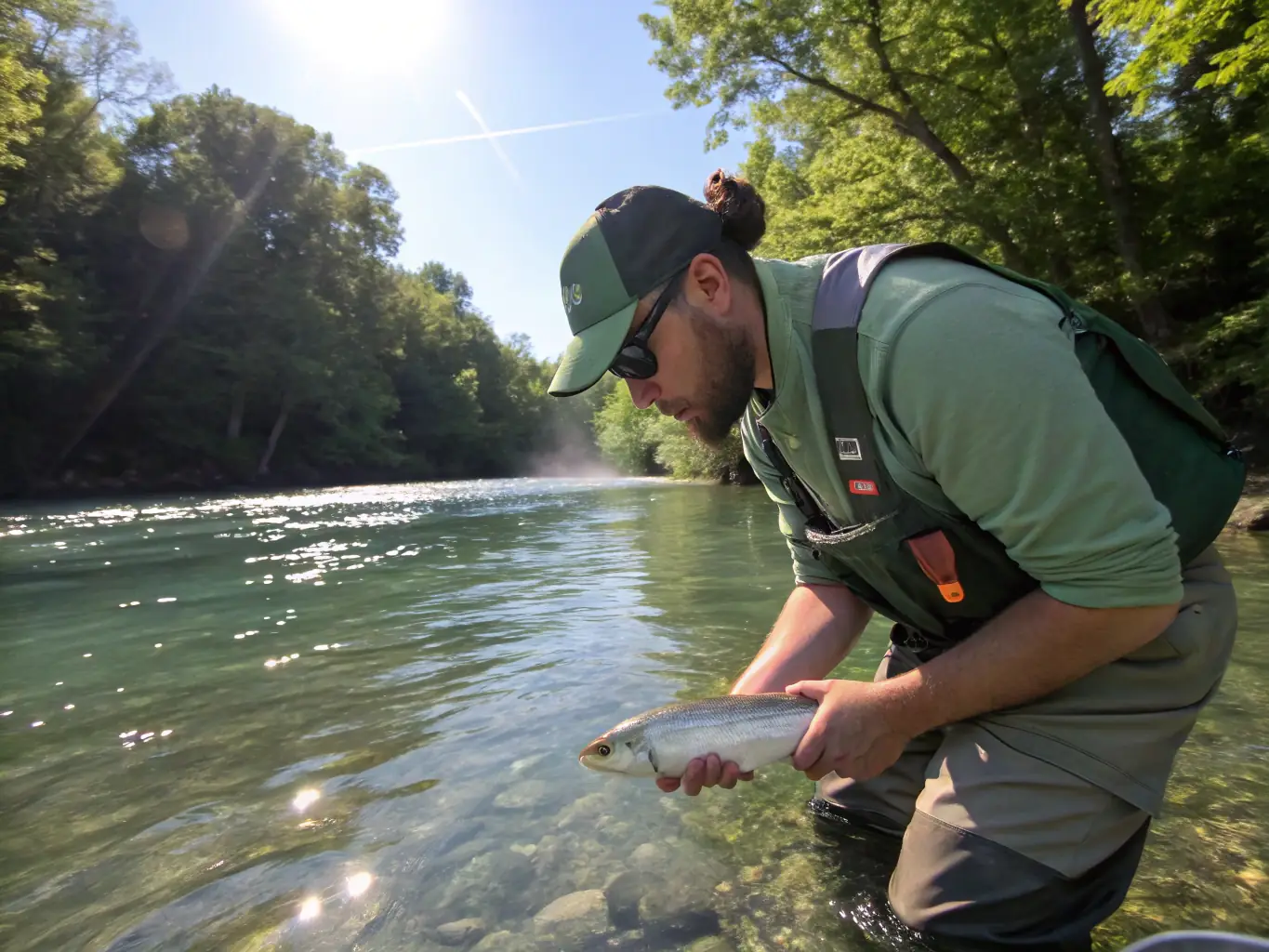 A fisheries officer releasing tagged fish back into the river, demonstrating efforts to monitor and manage fish populations for sustainable fishing.