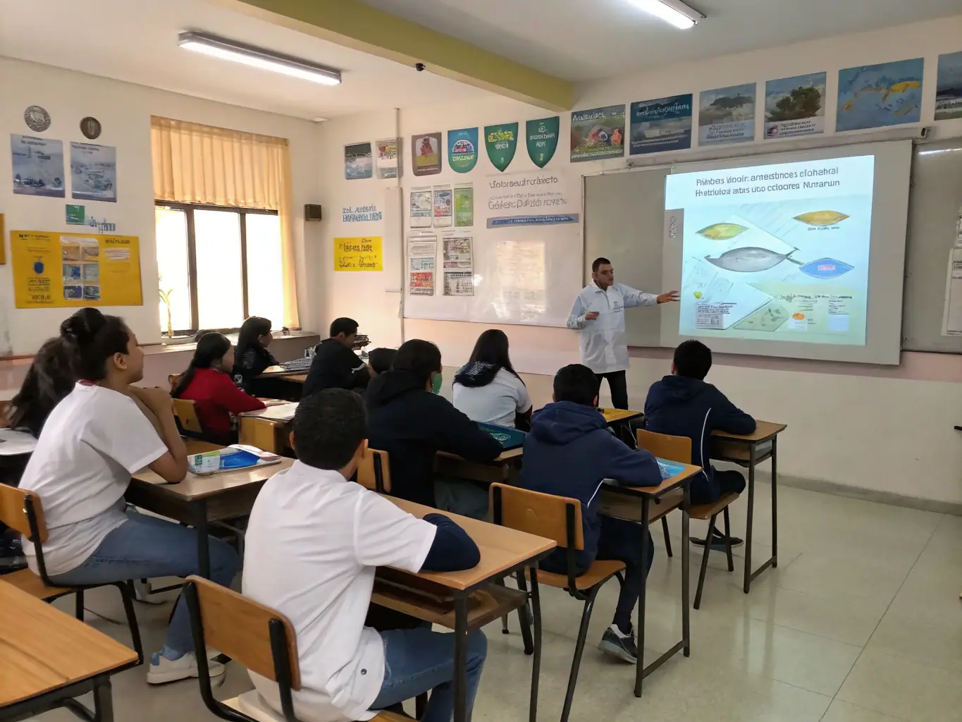 A classroom setting where an AAPPMA LE LEGUER representative is teaching children about aquatic ecosystems and the importance of conservation.