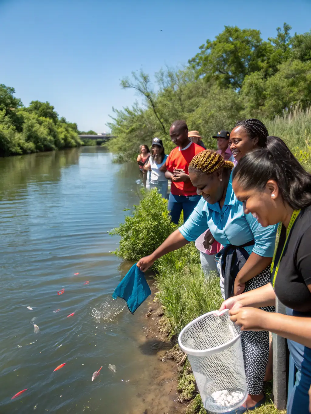 A close-up photograph of volunteers releasing juvenile fish into a clear, flowing river, emphasizing the restocking efforts of AAPPMA LE LEGUER.