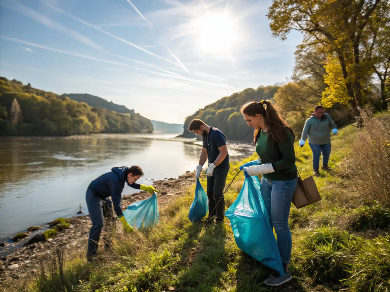 A group of volunteers participating in a river cleanup, removing trash and debris from the riverbank, showcasing community involvement in environmental conservation.
