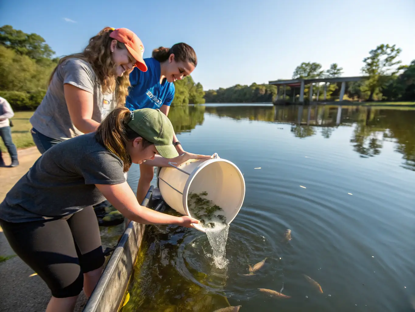 A photograph showing AAPPMA LE LEGUER members releasing juvenile fish into a river as part of a restocking program, with clear water and natural riverbed visible.