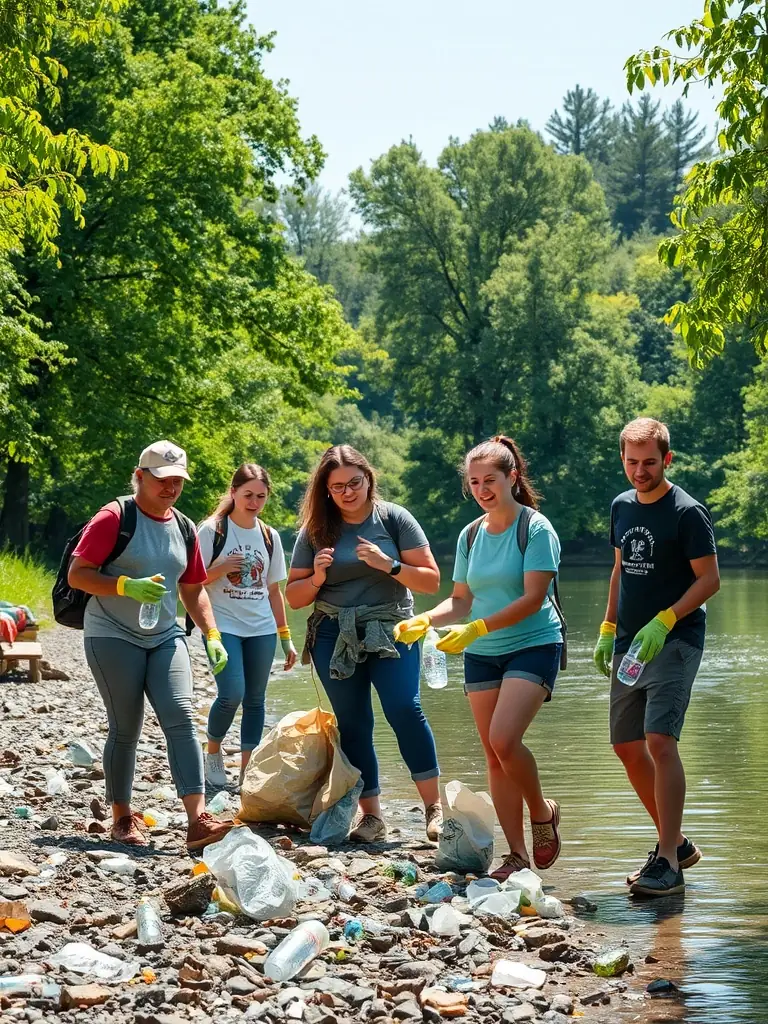 A wide shot of a group of AAPPMA LE LEGUER members cleaning up litter and debris along a riverbank, showcasing their commitment to environmental stewardship.