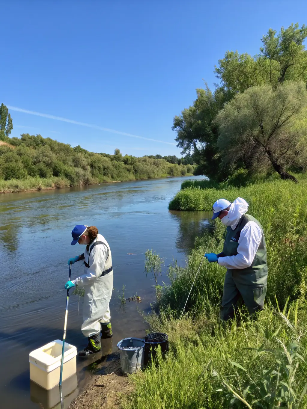 A photograph of AAPPMA LE LEGUER members monitoring water quality in a local river, highlighting their scientific approach to conservation.