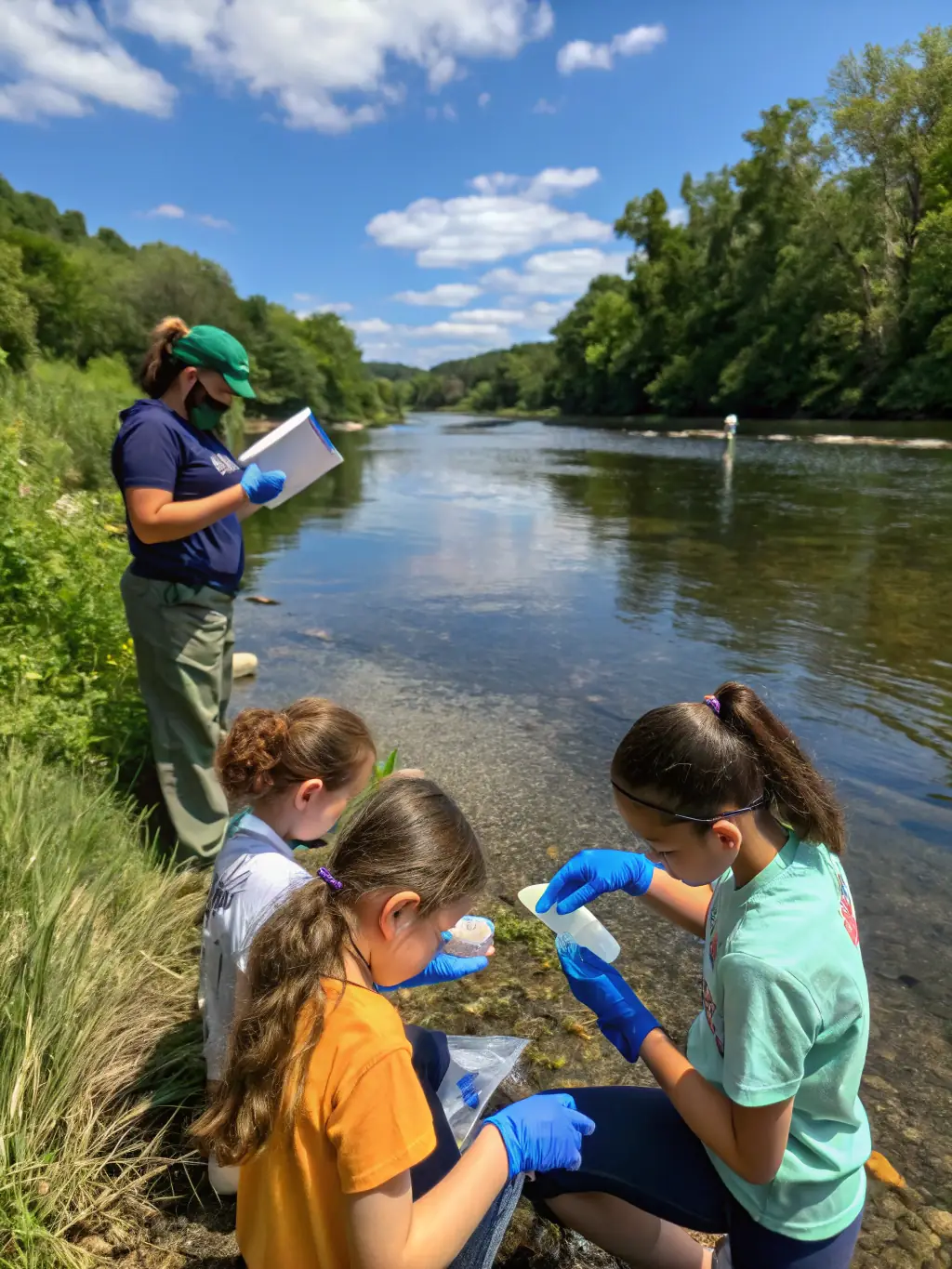 An image of an educational workshop where AAPPMA LE LEGUER members are teaching children about responsible fishing practices and aquatic conservation.
